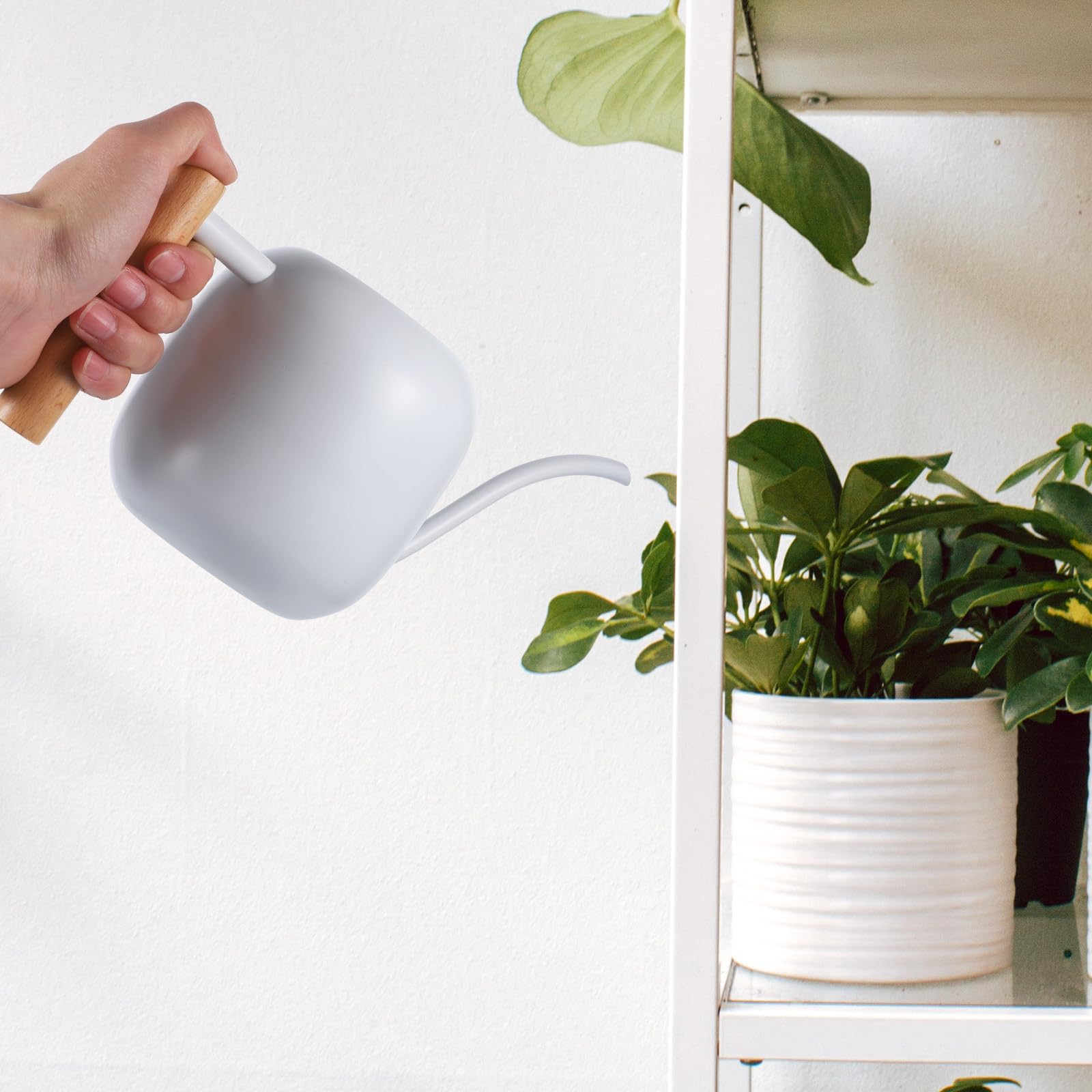 Alipis Arrosoir à Fleurs Arrosoir Plantes D'intérieur Long Bec en Acier Inoxydable et Bois, 1,2 L, Blanc, pour Plantes et Fleurs, Intérieur et Jardin, Facile à Remplir, Anti-débordement
