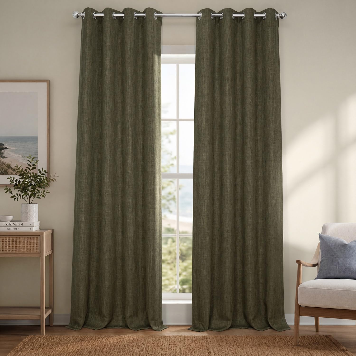 Grommet Faux Linen Curtains for Living Room (1Panel) 50W X 96L, Khaki Green