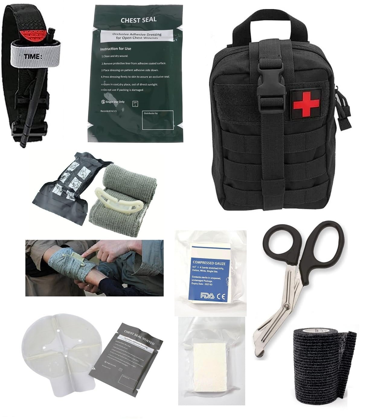 Emergency Survival First Aid IFAK Kit with Tourniquet, 6" and 4" Israeli Bandage, Chest Seal, Compressed Guaze, Trauma Shear : UK Seller