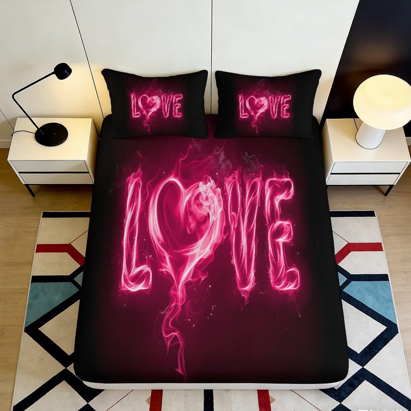3D Printed Heart Letter Fitted Sheet Microfiber Deep Pocket Non-Slip Bedding Set Heart Letter Mattress Fitted Cover Washable 200x200x25cm