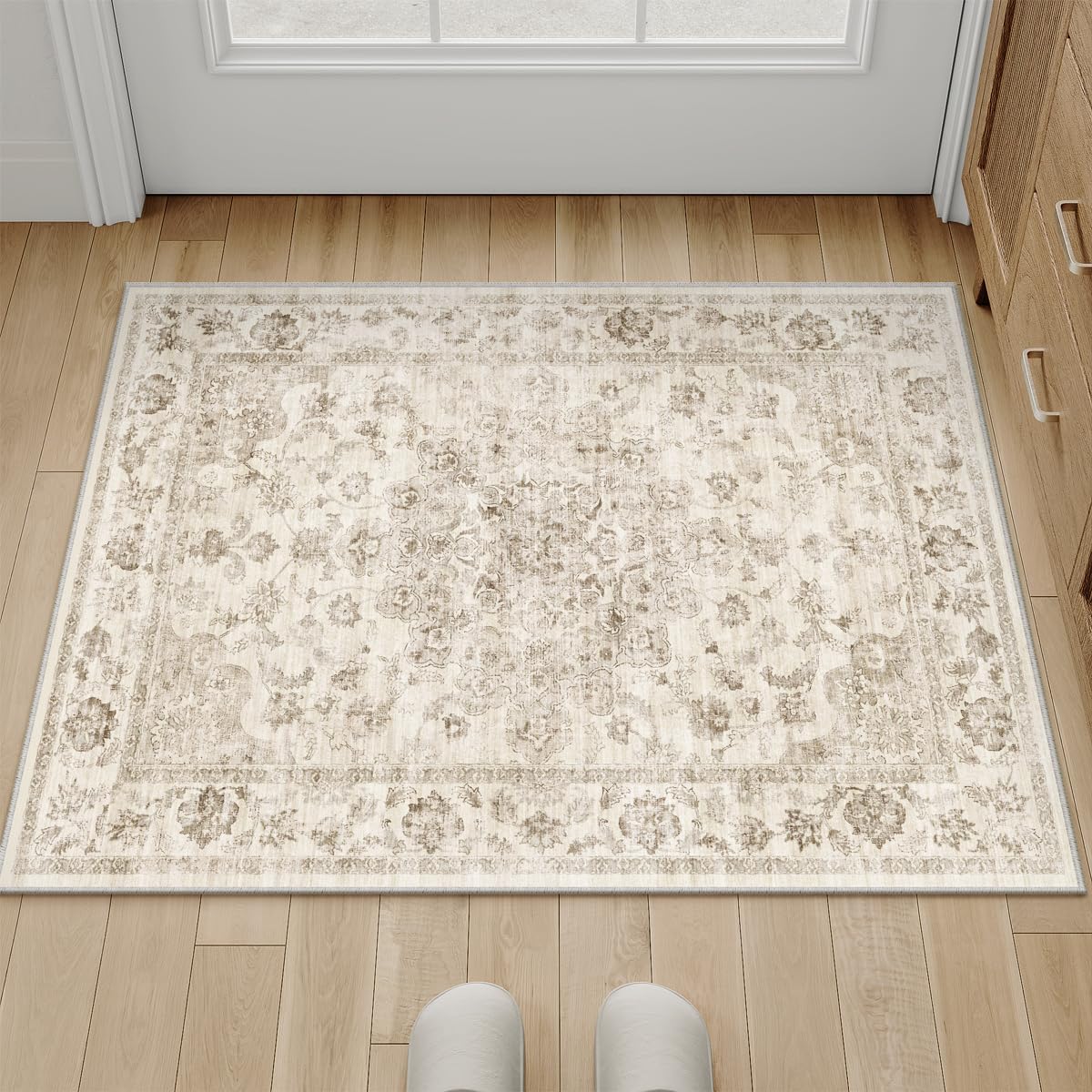 2x3 Washable Neutral Area Rug Beige Vintage Entryway Kitchen Carpet Non-Slip Soft Low Pile Floral Indoor Small Throw Rug for Bedroom Bathroom Entrance - Image 4