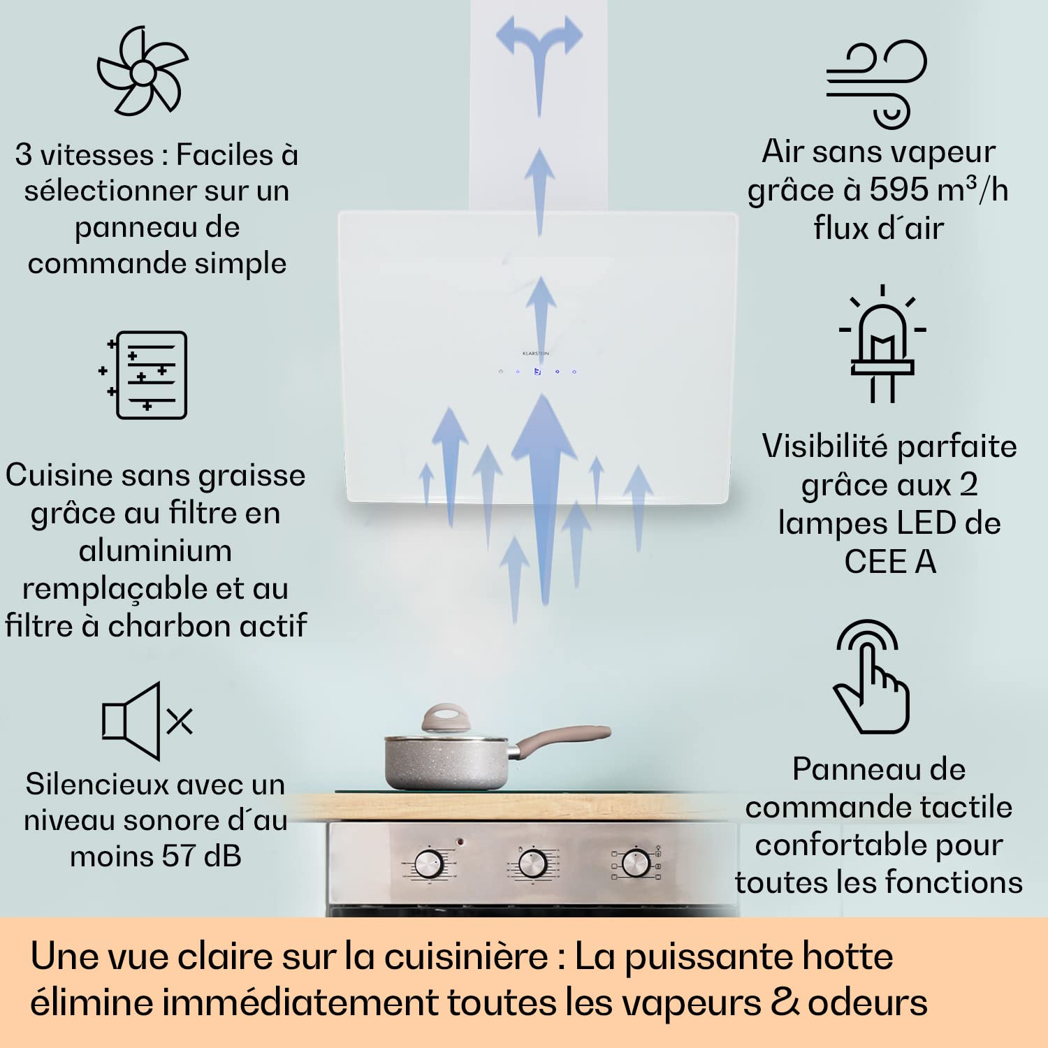 Klarstein Hotte Aspirante 60cm, Hottes de Cuisine Inclinées, Filtre de Hotte en Aluminium, Débit d'Air Puissant 641m³/h, LED, Ecran Tactile, Extracteur d'Air Silencieux, Efficace avec Evacuation