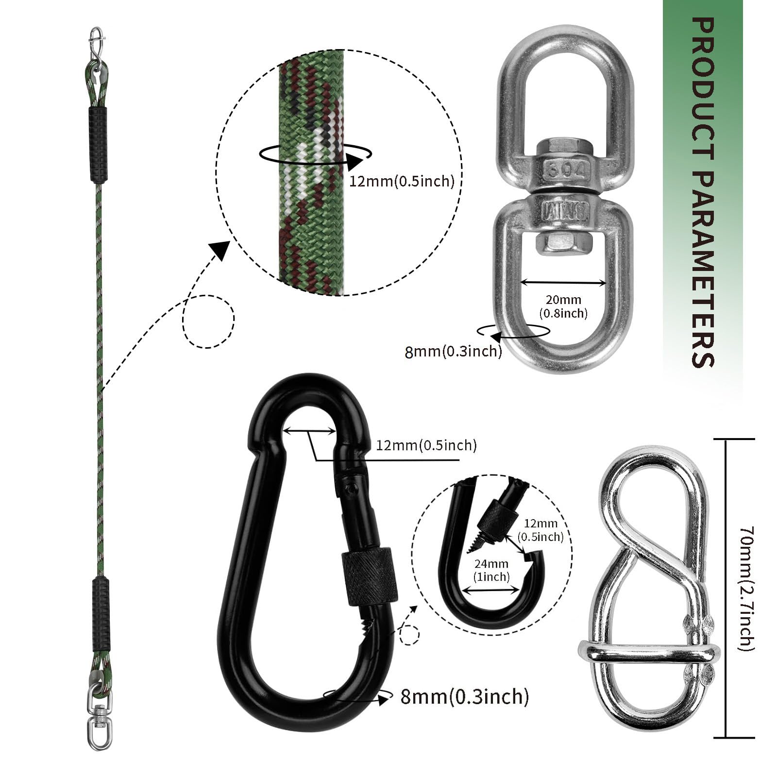 1Pcs Tree Swing Ropes, Adjustable Hammock Hanging Strap with 2 Carabiner, 450kg Capacity - Image 4