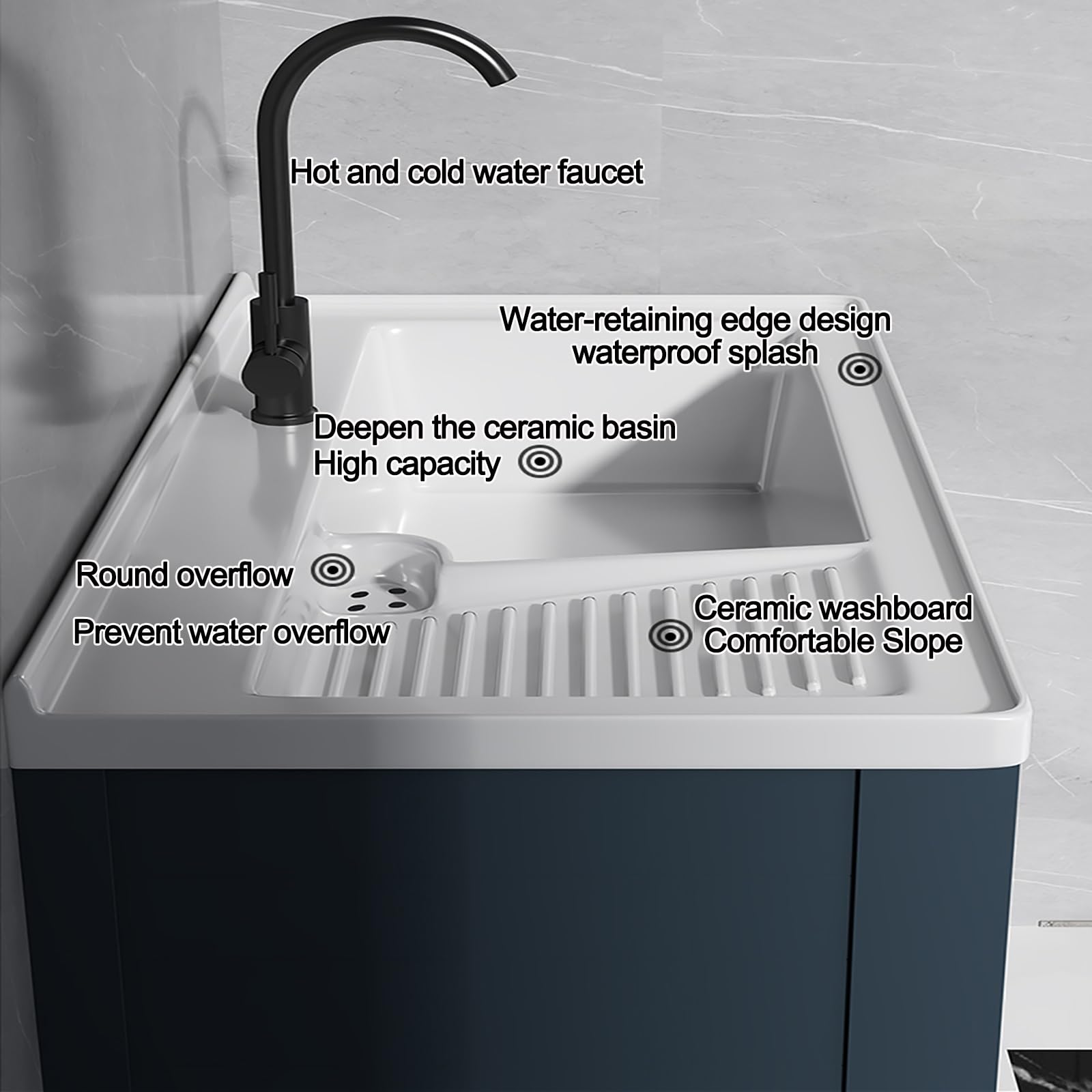 Freistehende Utility-Sink mit Schrank, Keramik-Waschbecken und Wasserhahn für Waschküche, Garten im Freien, Garage Handwaschstation, Raum Aluminium-Eterzboden mit Lagerung