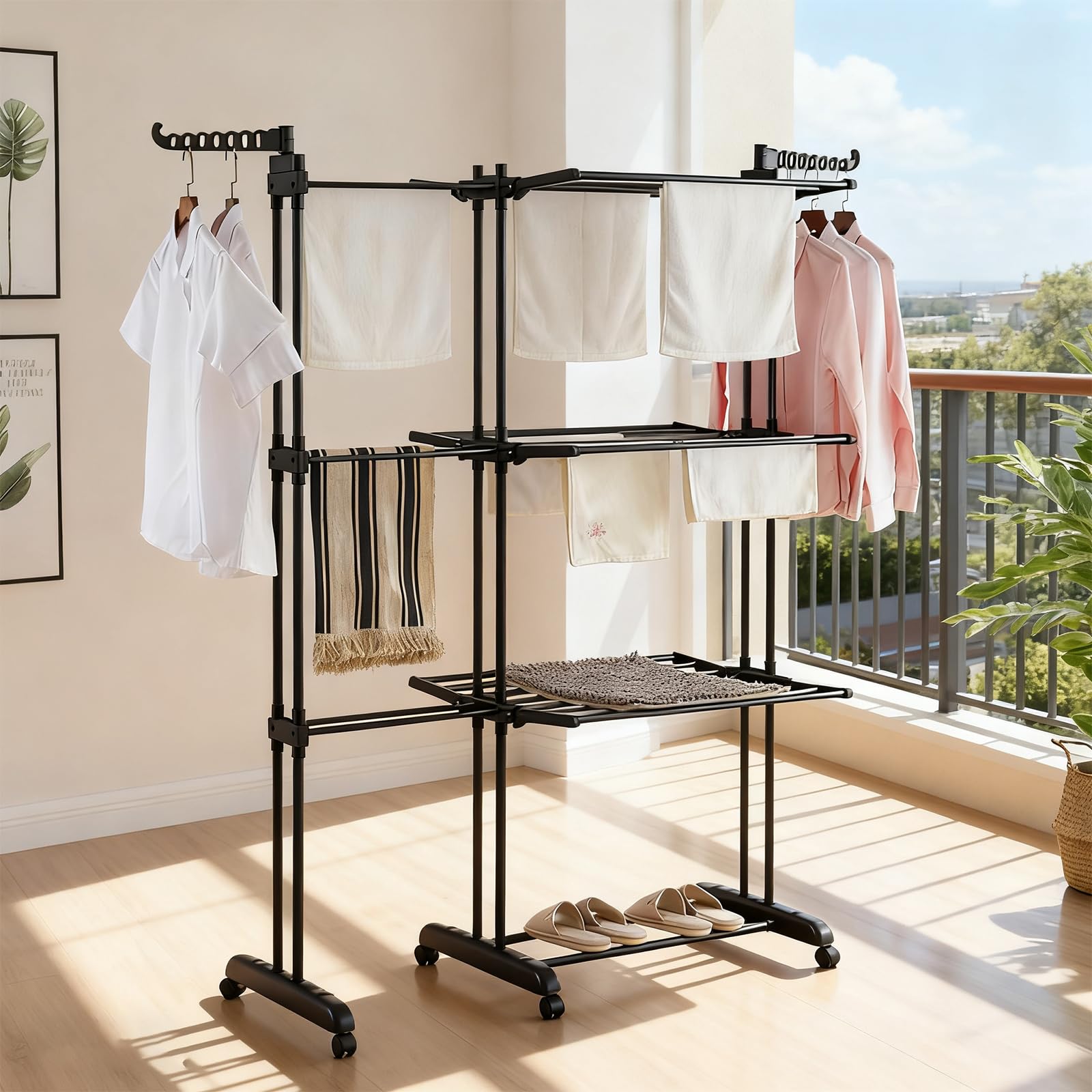 Tendedero de ropa de 4 niveles – Secador de ropa plegable con ruedas, tendedero interior y exterior de acero inoxidable, gran secadora de ropa para lavandería, balcón, 142,5 x 64 x 170 cm (negro)