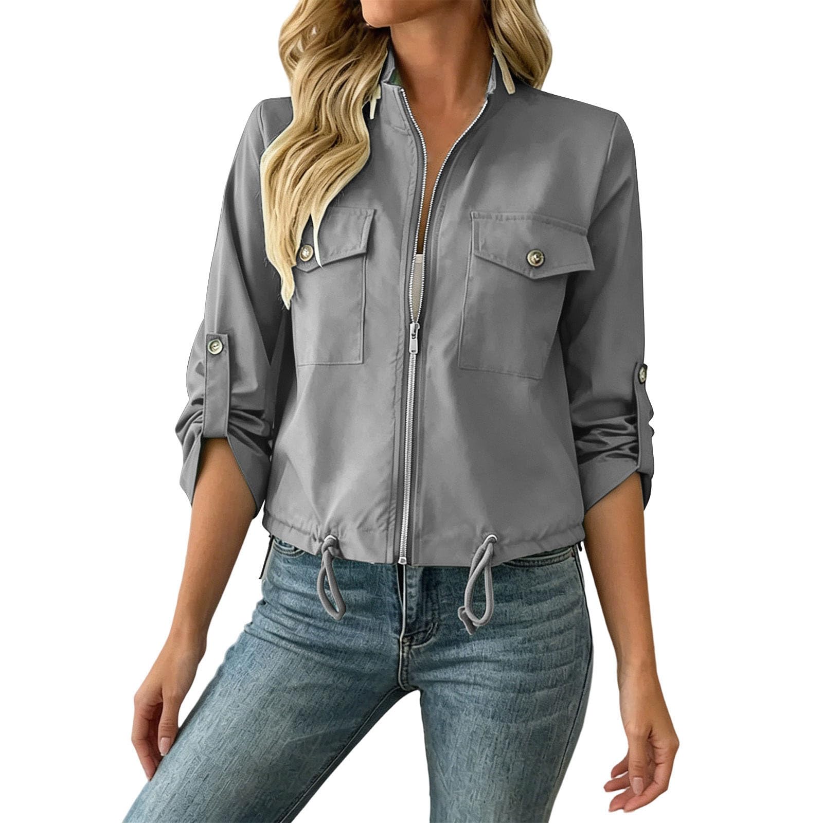 UHouse Bomberjacke Damen Kurzjacke Leichte Blouson Jacke Kurz Bequeme Outdoorjacke Freizeit Arbeitsjacke Lässig Damenjacken mit Brusttasche Cabanjacke Y2k Windjacke Modische Herbstjacke
