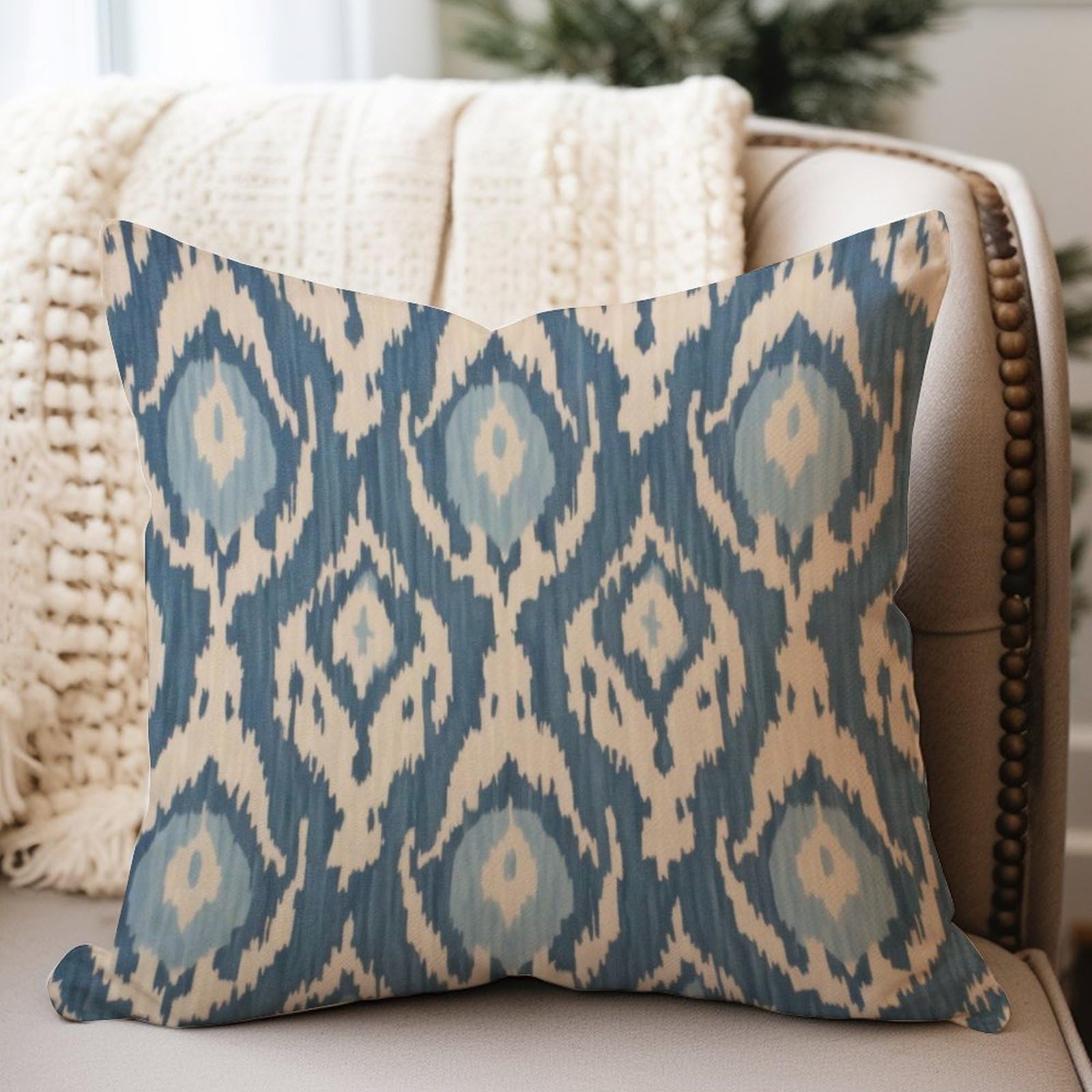 WoGuangis Indigo Blue Antique Bukhara Ikat Outdoor Cushion Cover Tan Blue Ikat Ethnic Boho Waterproof Sofa Pillowcase Oriental Chinoiserie Outdoor Waterproof Pillow Cover Case 26x26in