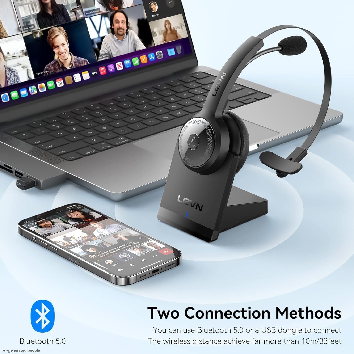 LEVN Bluetooth 5.0 Headset, Wireless Headset with Microphone (AI Noise Cancelling), 35Hrs Bluetooth Headphones with USB Dongle for PC, Suitable for Remote Work/Call Center/Zoom/Online Class, Black — Amazon image 6