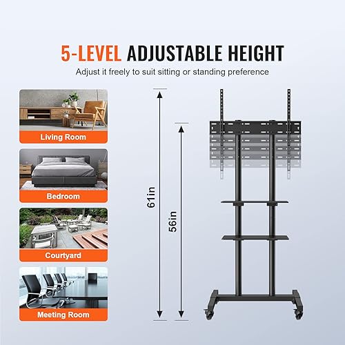Miniatura 3 de VEVOR Carrito de TV móvil para televisores de 32 a 70 pulgadas, soporte de TV portátil de altura ajustable con ruedas y doble bandeja para