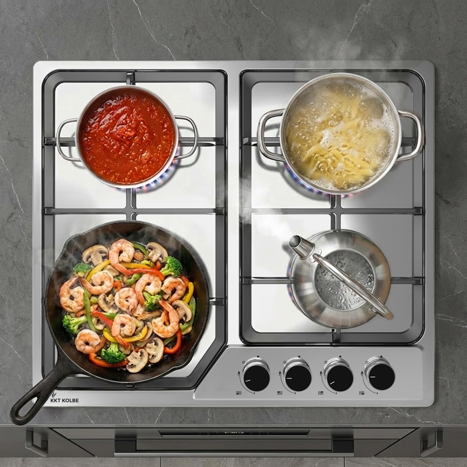KKT KOLBE Set horno 60cm BO8805SS y placa gas 58 cm inox G604ED | 4 fuegos wok | grill y aire caliente | timer automático | doble cristal, bloqueo niños | SET8805G604ED