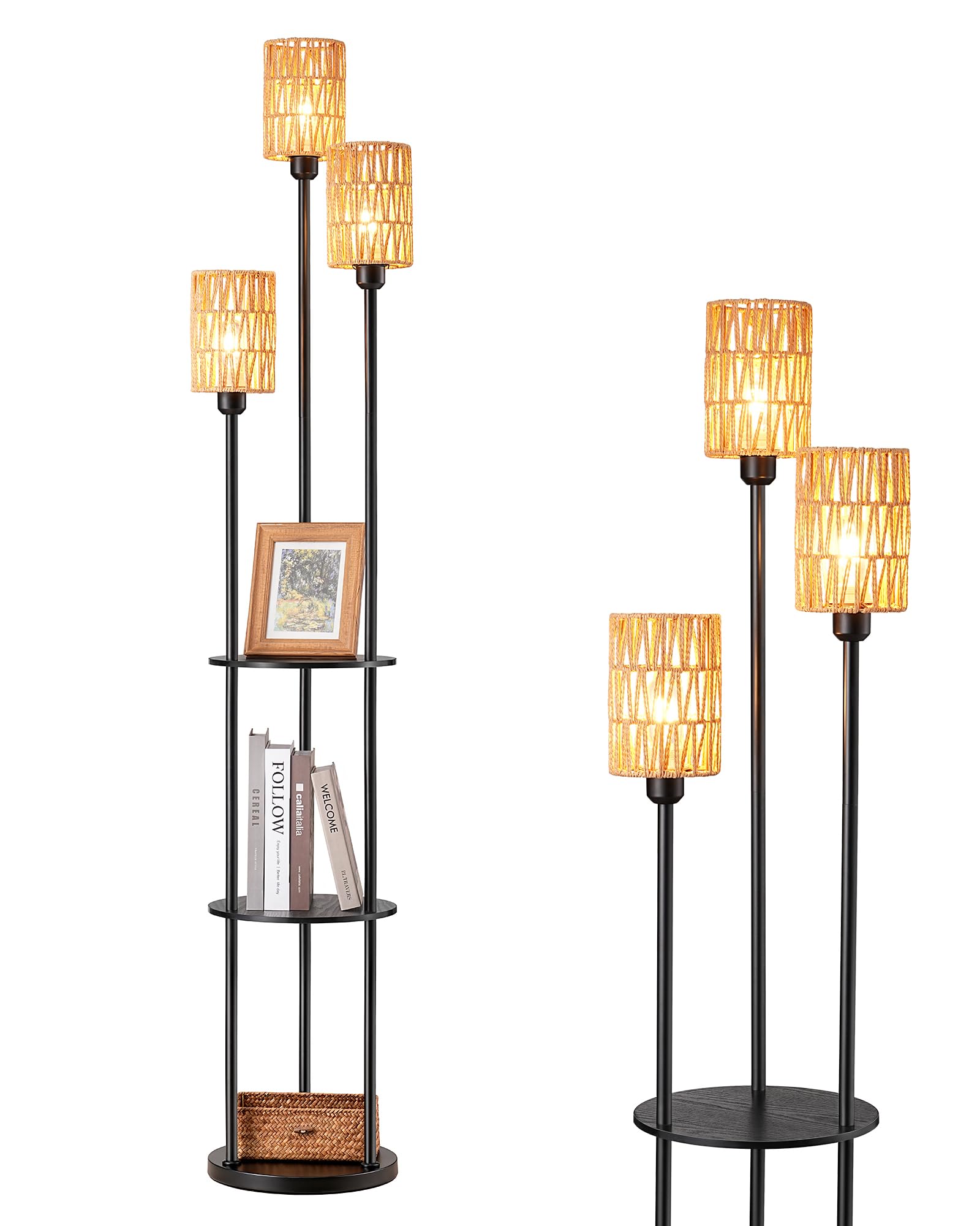 EDISHINE Lampada da Terra Boho Vintage con Mensola e Ripiano Portaoggetti, Piantana 3 Luci E27 con Paralume in Rattan, Lampadine Incluse, Interruttore a Pedale, Lampada Salotto Moderna 178 cm