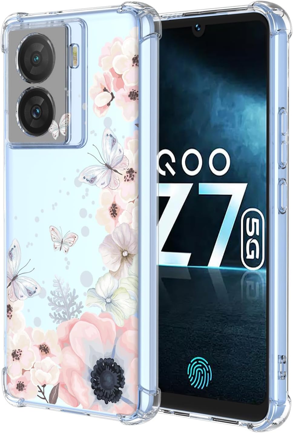 for Vivo iQOO Z7 5G Case with Clear Floral Pattern,Shockproof Soft Case for Vivo iQOO Z7 5G,Pink Flowers Butterflies,iQOOZ 7 5G