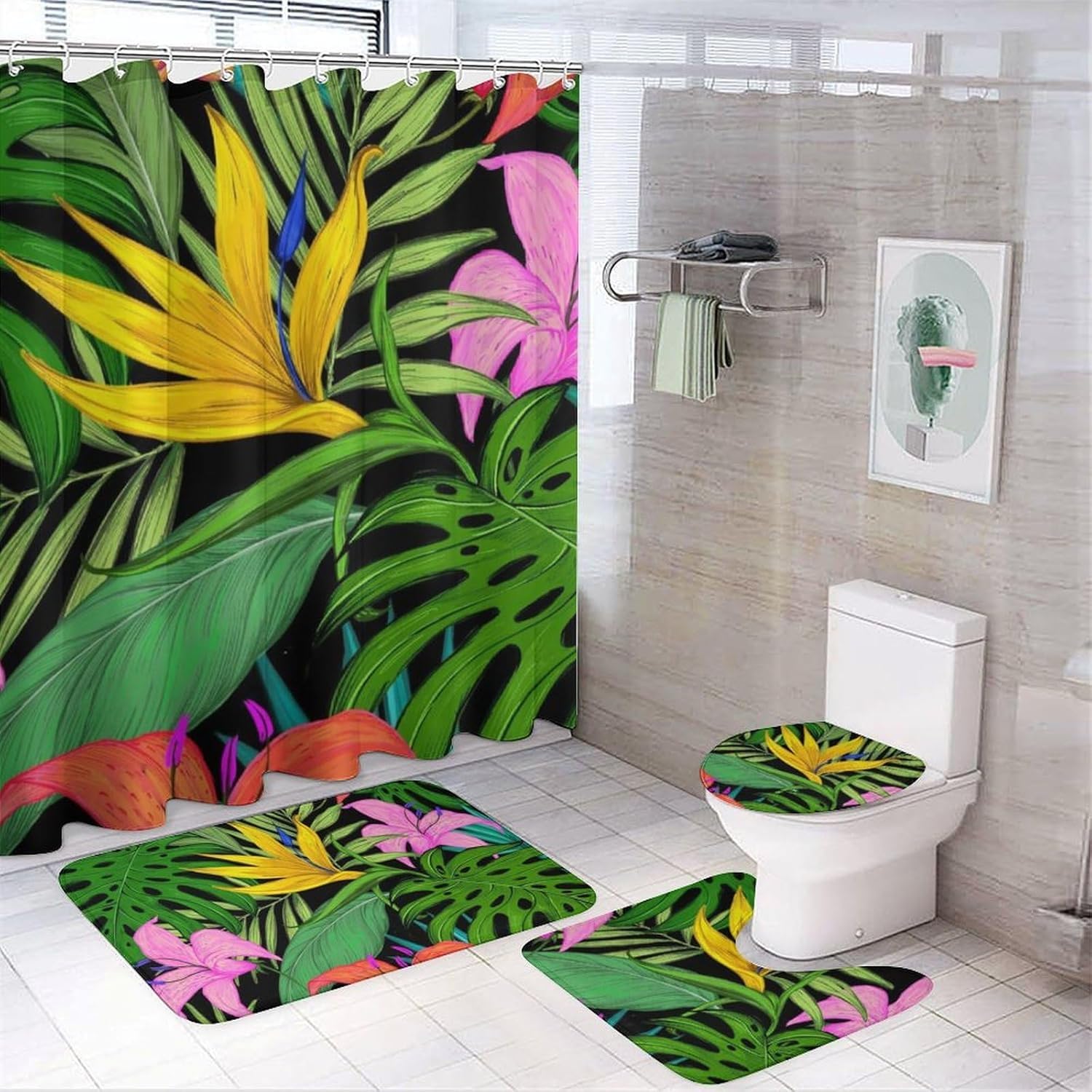 Rideau de douche vintage bohème ensemble 4 pièces avec tapis de bain fleuri