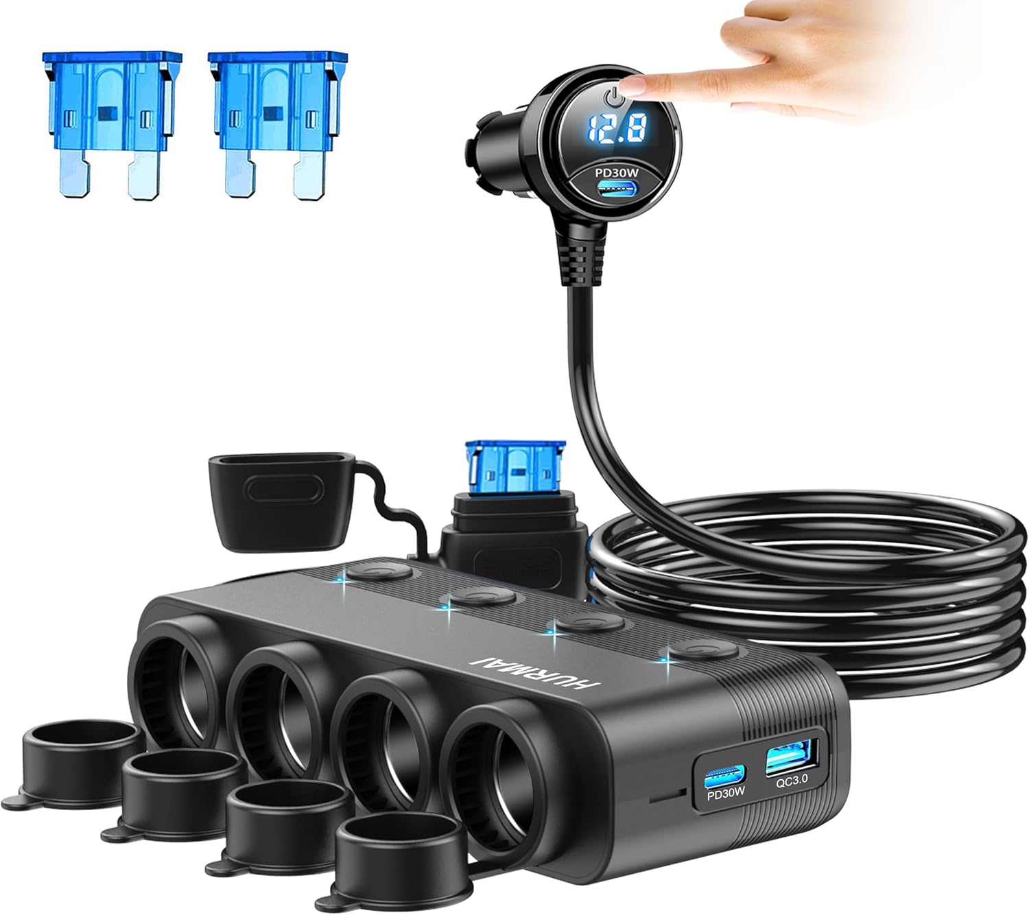 10FT Cable 12V Socket Power Outlet，Cigarette Lighter Splitter Adapter 216W 4 Socket Heavy Duty Truck Car