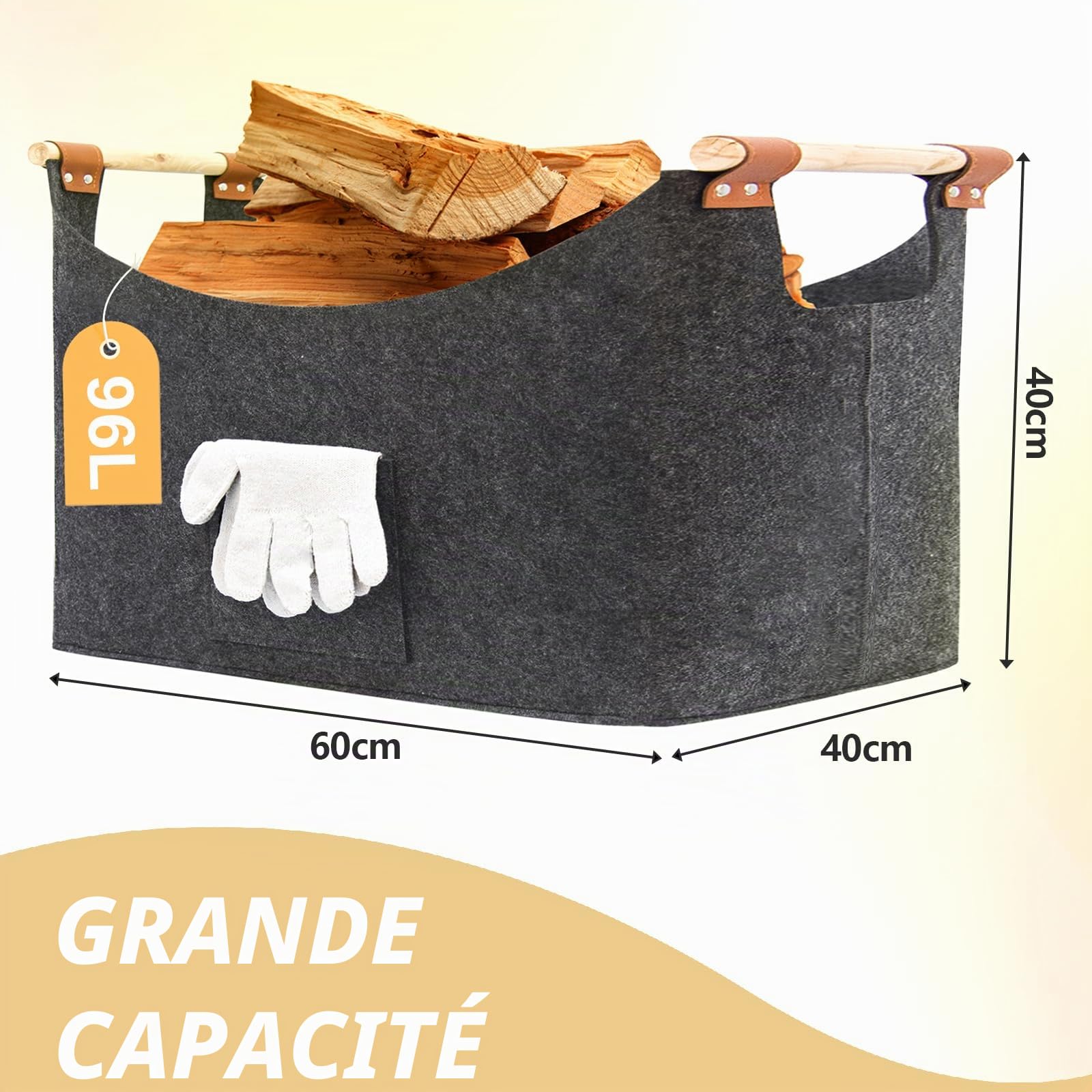 FINEW Panier à bois pour boiss de cheminée 90 L - Avec gants - 60 x 40 x 40 cm - Grand panier en feutre pour ranger le bois de chauffage, les journaux