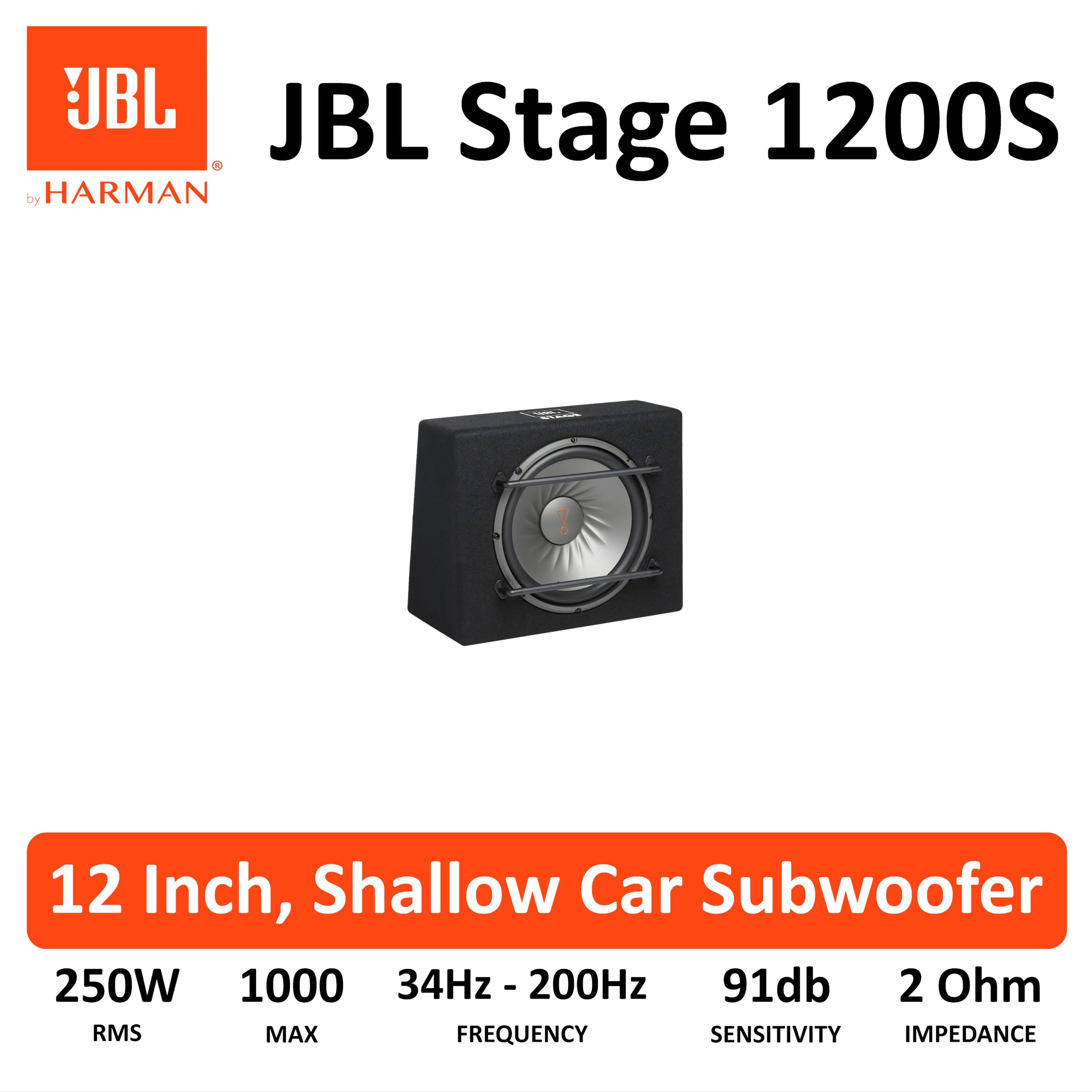 JBL Stage 1200S subwoofer passivo 12 pollici (30 cm), 250 W RMS / 1000 W picco, cono in polipropilene, 4 ohm, design ventilato, struttura in acciaio, bassi profondi, potente e compatto