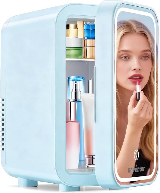 Enventor Mini Frigidaire de soin Petit réfrigérateur pour chambre, Frigido de beauté pour maquillage avec variable LED Miroir, 6 L / 8 Canettes Compact Refroidisseur Portable pour Dortoir College, Bureau, Voiture, Bleu