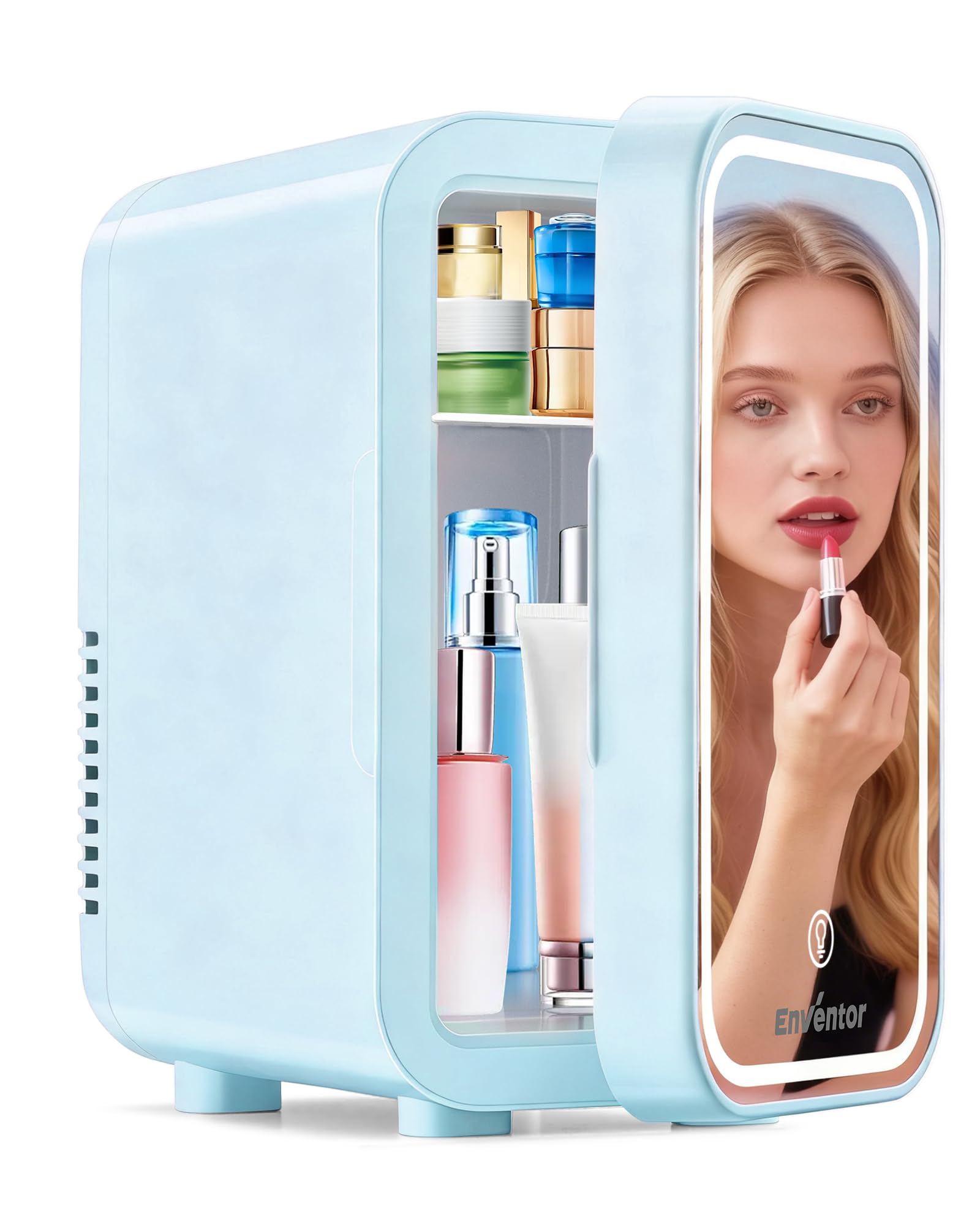 Enventor Mini Fridge 6L/ 8 Can, Skincare Fridge With Dimmable LED Light Mirror, AC+12V DC Power Cooler & Warmer for Bedrooms, Home, Car/Cosmetics, Skin Care and Food, White — view 10