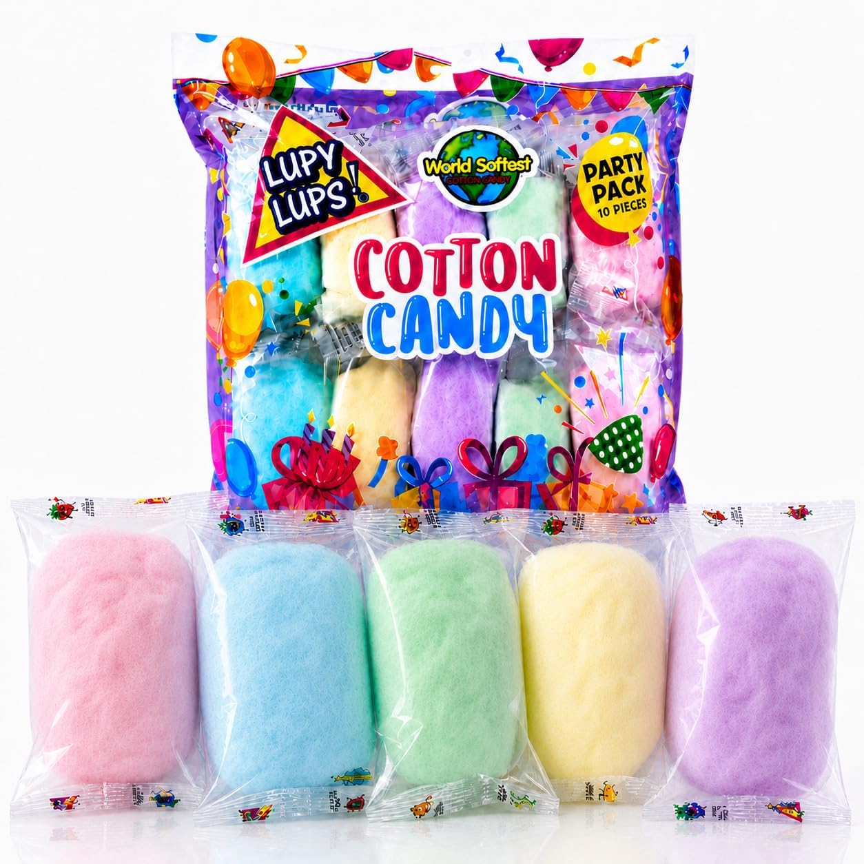 Lupy Lups! Cotton Candy Party Pack 0.5 oz each - Pastel Candy for Stocking, Treats, Party Favors, Buffet table and Piรฑata (Assorted 10 Pack)
