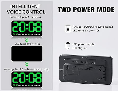 Miniatura 9 de Triangle Plum Reloj de pared digital grande, 9.5 pulgadas, despertador LED con dígitos grandes, DST, alarma doble, brillo de 3 niveles para sala de