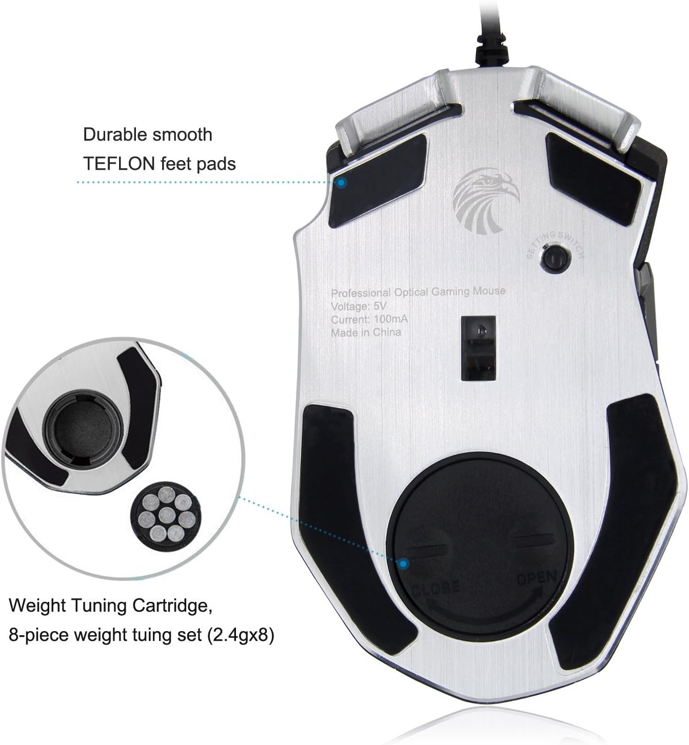 Bottom view of the Z-7900 Gaming Mouse showing the weight tuning cartridge