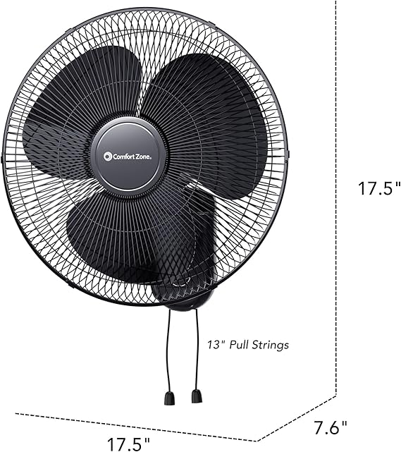 Comfort Zone 16-Inch Oscillating Wall Mount Fan Quiet 3-Speed Indoor Fan with 60 Adjustable Tilt, Pull-Chain Control & Durable Metal Grille Space-Saving Cooling for Home, Office, Greenhouse