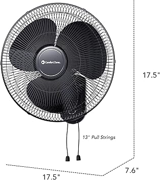Comfort Zone 16-Inch Oscillating Wall Mount Fan Quiet 3-Speed Indoor Fan with 60 Adjustable Tilt, Pull-Chain Control & Durable Metal Grille Space-Saving Cooling for Home, Office, Greenhouse
