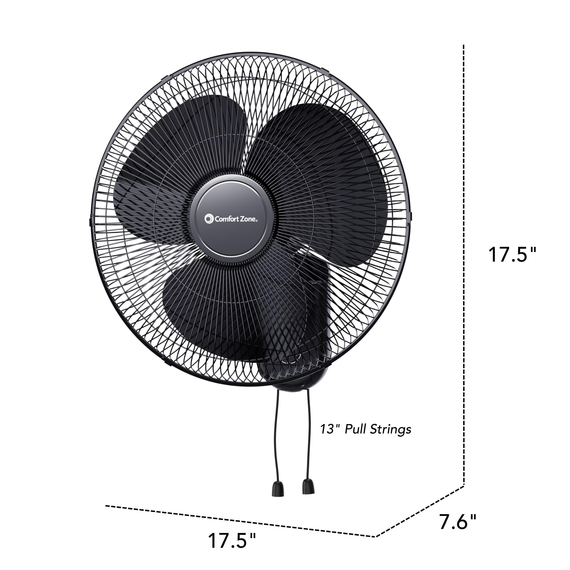 Comfort Zone Ventilatore oscillante da parete, 40,6 cm, 3 velocità con inclinazione regolabile e griglia metallica, oscillazione di 90 gradi, ideale per casa, camera da letto, palestra o