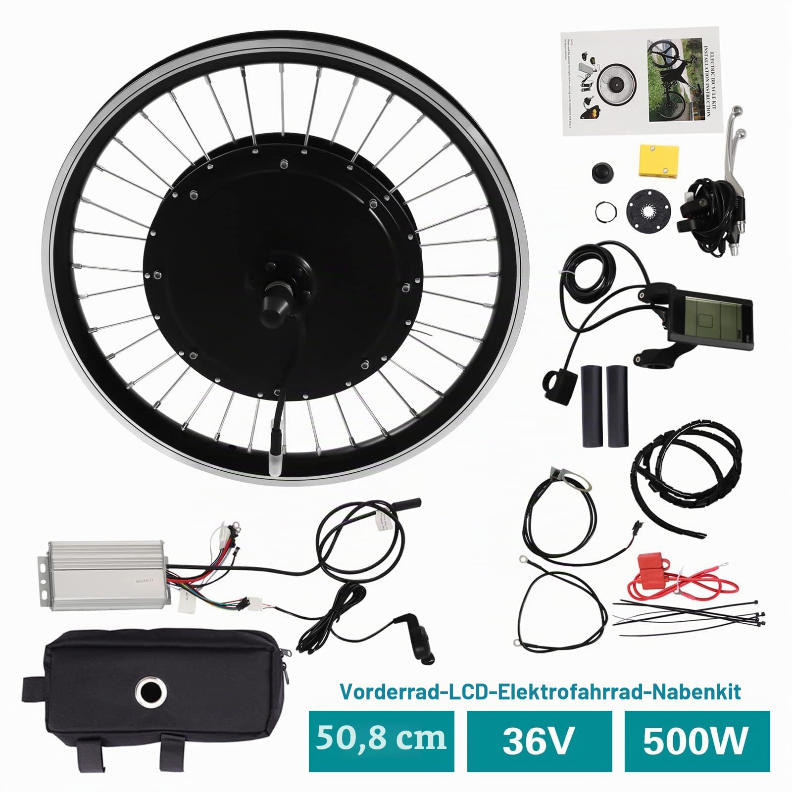 20 Zoll Elektro Fahrrad Vorderrad Nabenmotor Hub E-Fahrräder Umbausatz mit LCD Funktion, V-Bremse/Scheibenbremse, Bürstenloser Motor E-Bike Conversion Kit 36V 500W
