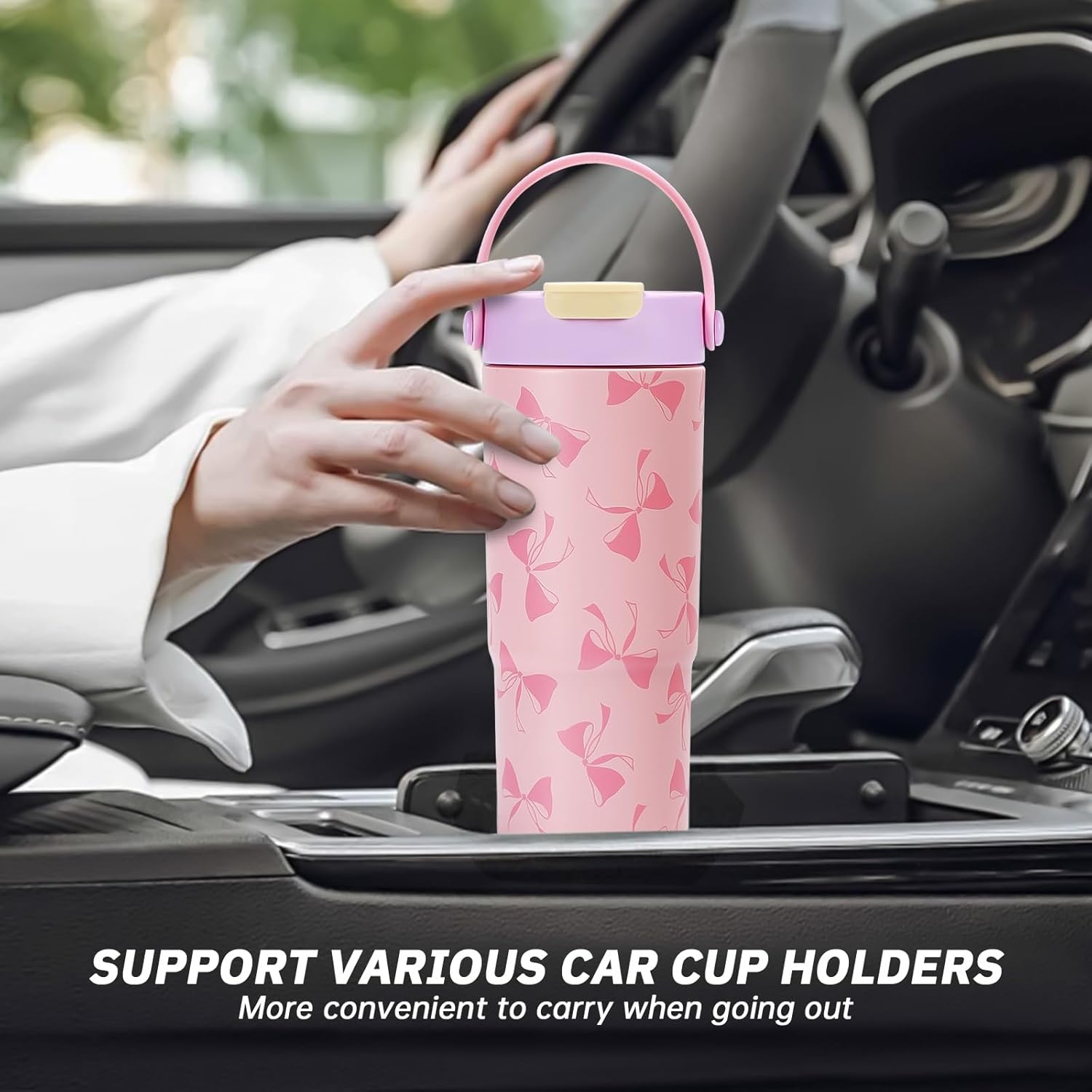 Stainless Steel Tumbler with Straw, 660ml/22oz Tumbler with Leak Proof 2-in-1 Lid, Reusable Double Walled Water Bottle, Portable Coffee Travel Mug, Fit in Cup Holder (Pink Bow Tie) - Image 3