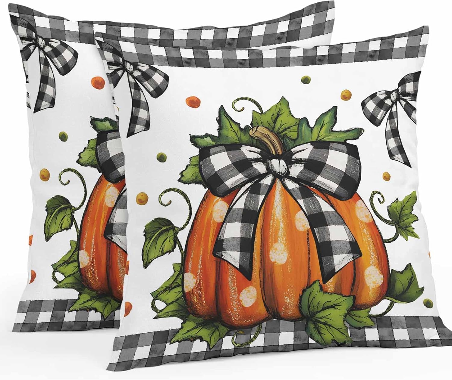 Orange Pumpkins Outdoor Waterproof Pillow Covers, Polka Dot Bow Fall Maple Leaves Plaid Decorative Square Throw Pillowcase Sofa Cushion Sham for Patio/Couch/Chair, 26"x26" 2 Pack
