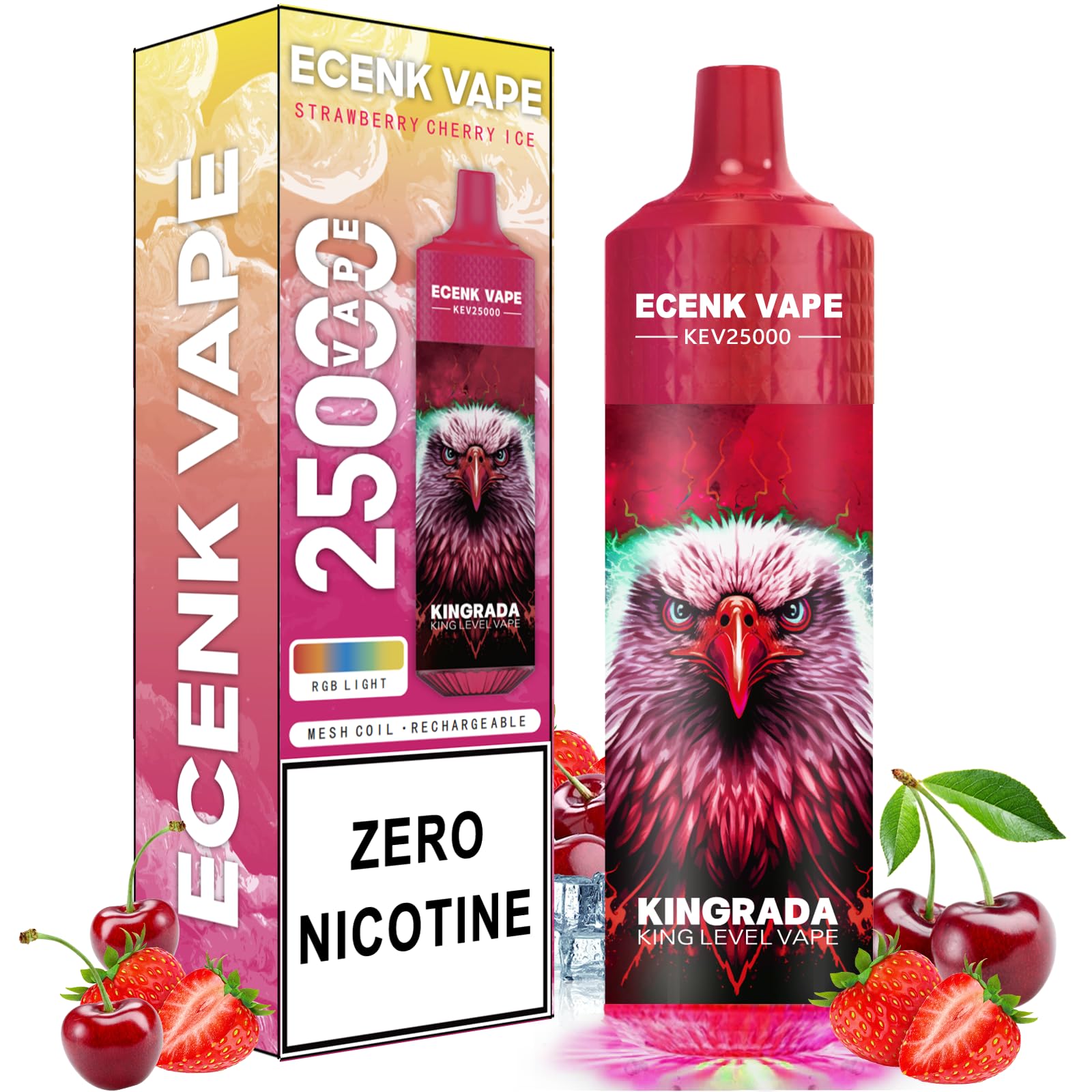 ECENK VAPE 電子タバコ シーシャ VAPE 15,000回吸引可能 充電式 ニコチンなし タールなし 10風味 爆煙 イルミネーション搭載 大容量 持ち運び 水蒸気たばこ ベイプ 本体 ベープ 小型 人気 禁煙サポート (イチゴ·チェリー·アイス)