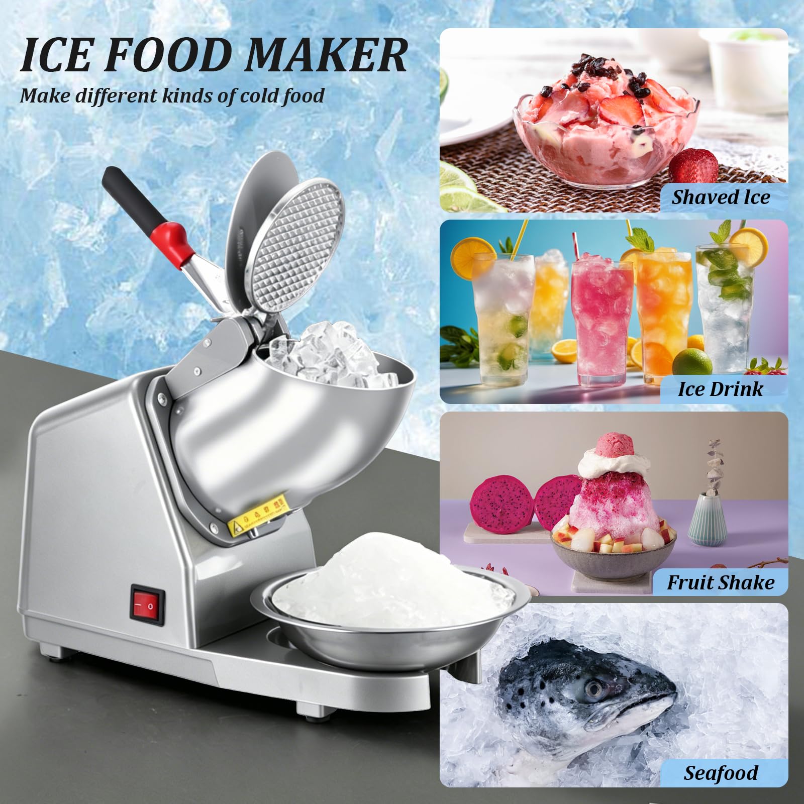 Picadora de Hielo Eléctrica, 380W 2200rpm Trituradora de Hielo 65kg/h con 2 Cuchillas de Acero Inoxidable - Máquina para Granizados, Batidos, Bebidas Frías y Té con Leche
