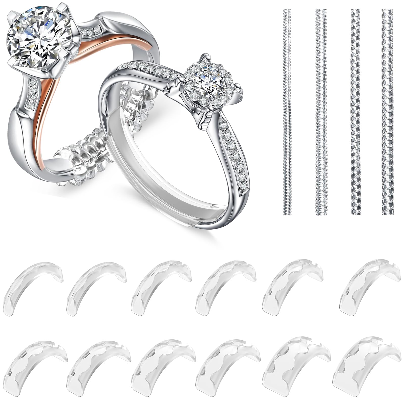 Eiito Ring Sizers for Loose Rings, 16 Pack Ring Guards for Loose Rings, Reduce by 0.5-1 Size without Resizing, Fits Bands 1-8mm, Invisible Design for Women and Men, 2 Styles Insert and Spiral