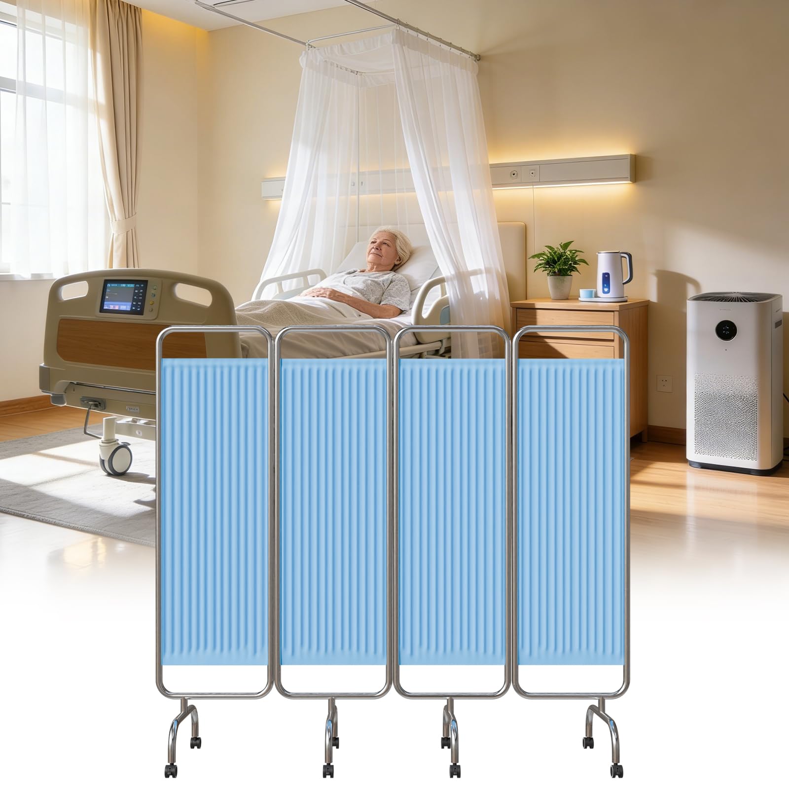 Ylmyxb Blue Medical Privacy Screen, Medical Privacy Screen On Wheels Hospital Curtain Room Divider For Nursing Homes Emergency Room, Ward, Icu Monitoring, Temporary Medical Station (, 4 Panel)