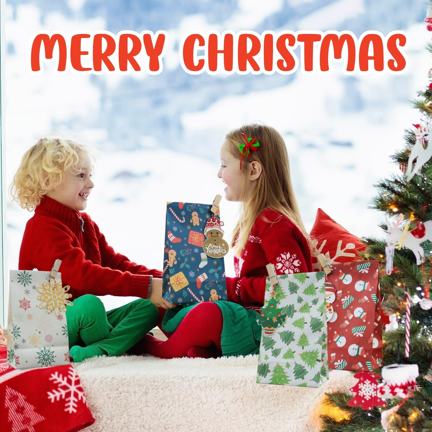 TLOXO 24 Sacchetti Regalo Natalizi – 4 Stili Con Adesivi – Scatole Regalo In Carta Per Natale, Matrimoni, Compleanni – 12x8x20,5 Cm