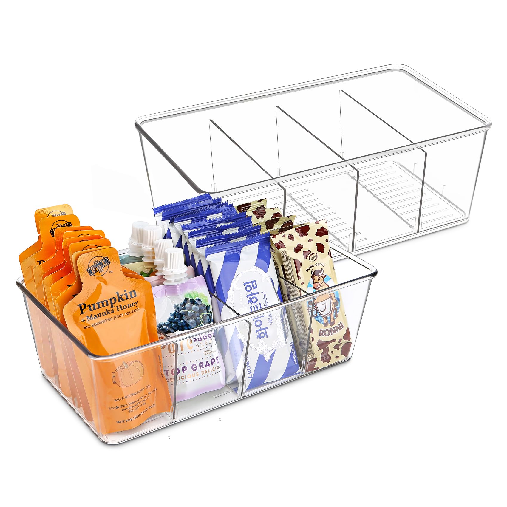 Batoto Contenedores de organización y almacenamiento de despensa, contenedores organizadores de refrigerador, transparentes, organización y almacenamiento de cocina con separadores (paquete de 2)