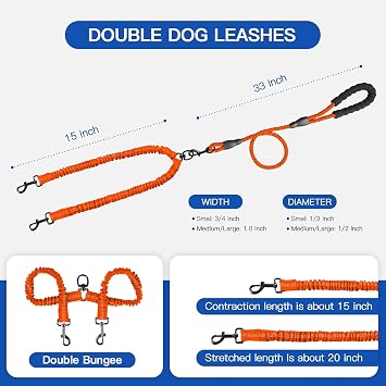 MingXpets Double Dog Leash, Dual Dog Leash, 360 Swivel Tangle Free Bungee Walking Training for Large Medium Dogs, Shock Absorbing Bungee Reflective for Two Dogs, 18~120 lbs, Orange
