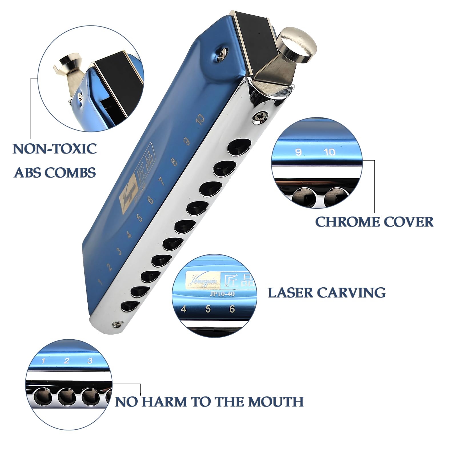 JP10-40 - Armonica cromatica a 10 fori, professionale, con chiave in do, per principianti e studenti, per iniziare a imparare l'armonica (JP 10-40 blu)