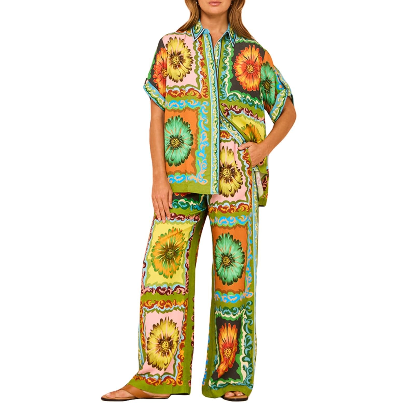 Conjunto de 2 piezas con estampado bohemio para mujer, conjunto de pantalones casuales de verano de manga corta con botones, pantalones de pierna ancha, conjunto de descanso a juego para