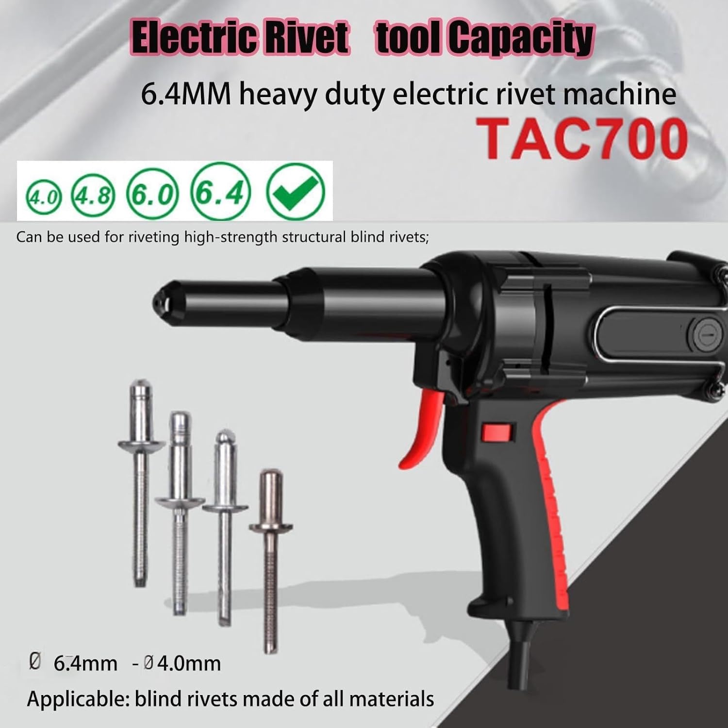 Electric Rivet Riveting Tool, Electric Rivet Tool,4.0m m-6.4m m Portable Rechargeable Blind Tool, for Drill Electrical Nut Riveting