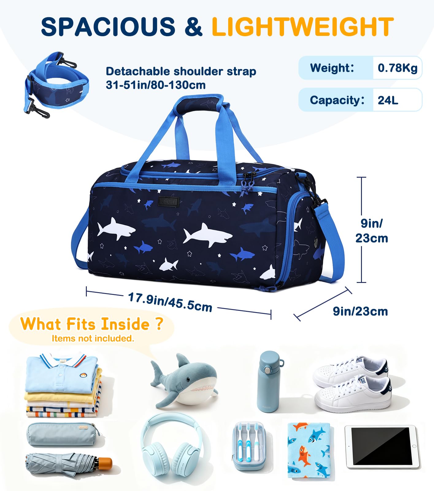 VASCHY Bolsa de Deporte Niño, Bolsa de Viaje Infantil Ligera Bolsa Gimnasio Piscina con Compartimento Zapatos, Tiburon Azul