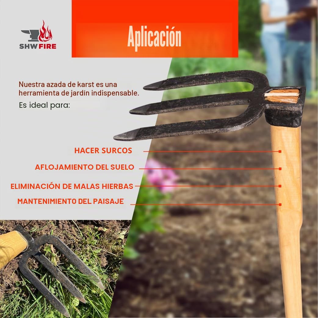 SHW-FIRE Karst 59056 - Azada de jardín (3 dientes, punta con mango de madera de fresno, 135 cm)