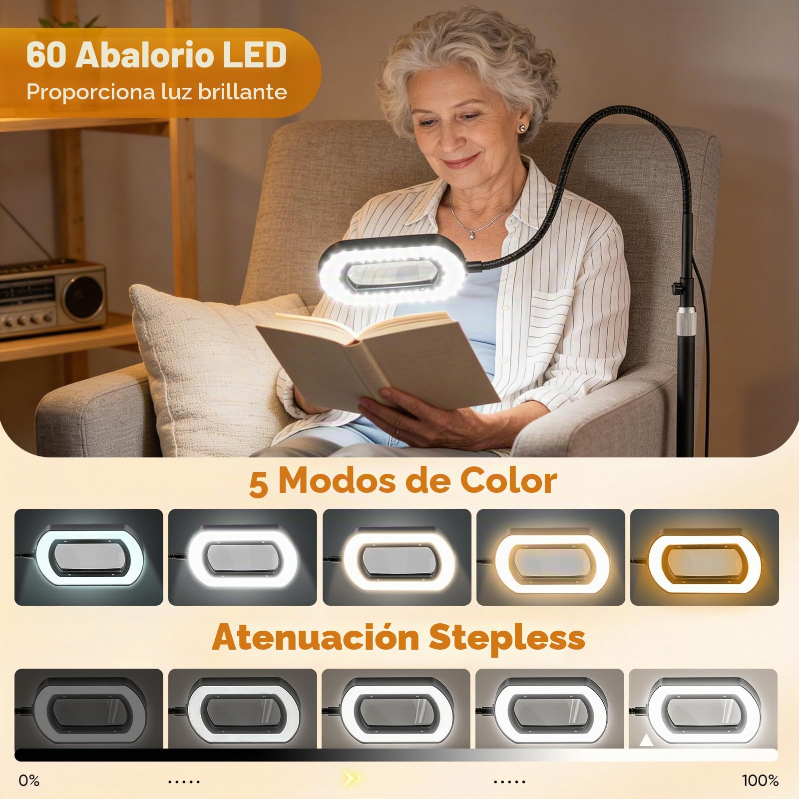 10X Lupa con Luz y Soporte, 3 en 1 Lámpara de Aumento de Piso con 60 LED de Brillo Ajustable, 5 Modos de Color, Lupa Iluminada para Trabajos de Cerca, Costura, Manualidades, Pasatiempos