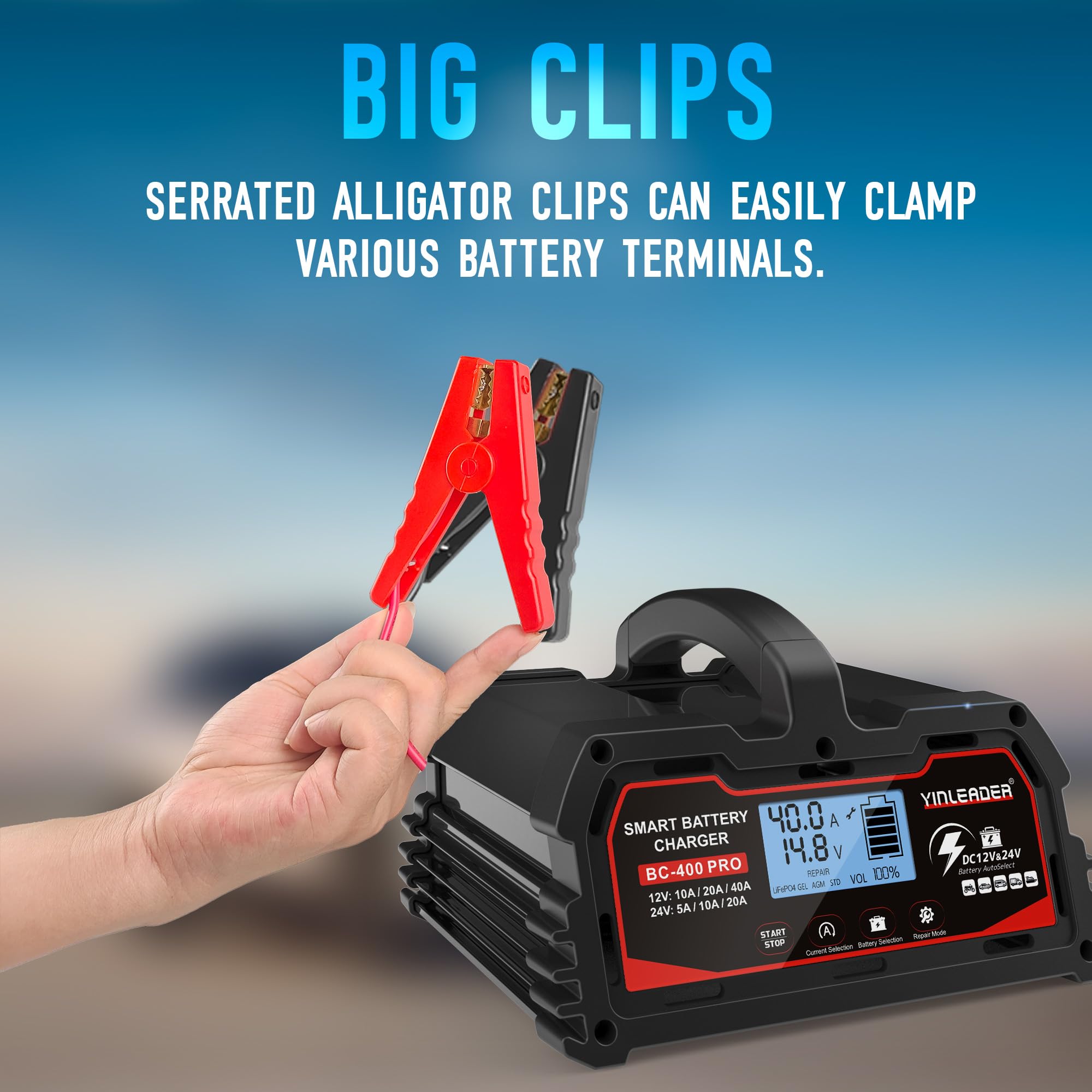 Caricabatteria da auto 40A/20A 12V/24V 20A/10A caricabatteria da auto completamente automatico intelligente con schermo LCD, caricabatterie per batteria LiFePO4 da 12 V, nero