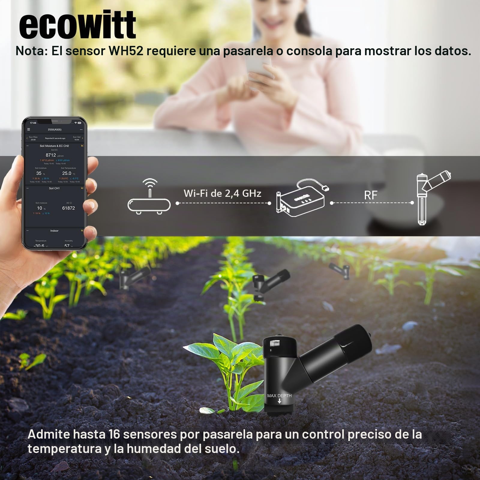 ECOWITT WH52 Sensor de Humedad del Suelo 3 en 1 de 16 Canales + Sensor de EC del Suelo + Medidor de Temperatura, higrómetro para Plantas de Interior/Exterior, Accesorio, Paquete de 4