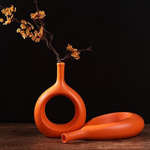 Miniatura 7 de Juego de 2 jarrones elípticos huecos de cerámica naranja, jarrón circular bohemio con agujero, para decoración moderna de mesa naranja, decoración