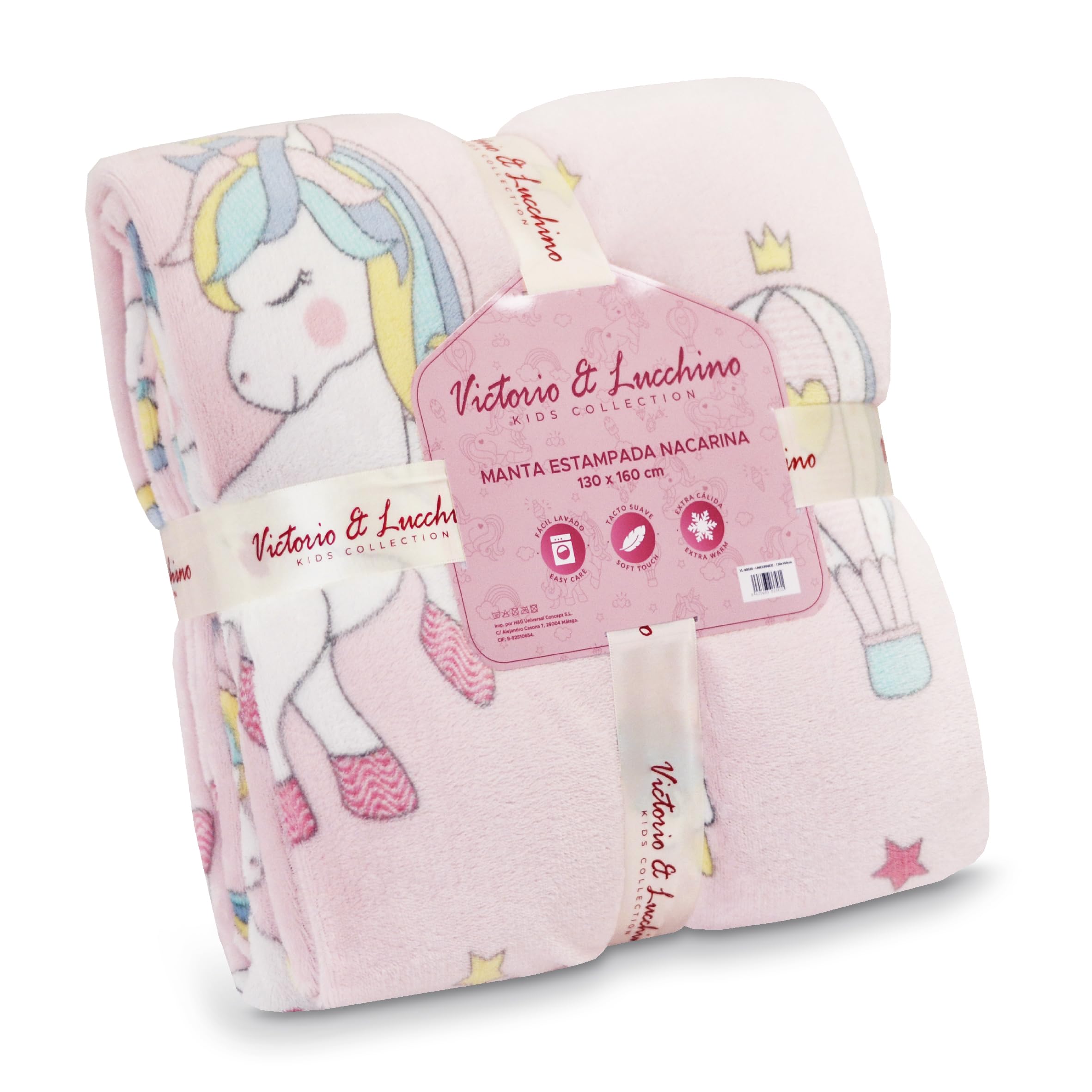 Victorio & Lucchino – Manta Infantil de Sedalina Estampada con Reverso de Sherpa a Contratono | Suave, Cálida y Ligera | Estampados Infantiles | Tamaño 130x160 cm (VL-80530-UNICORNIOS)