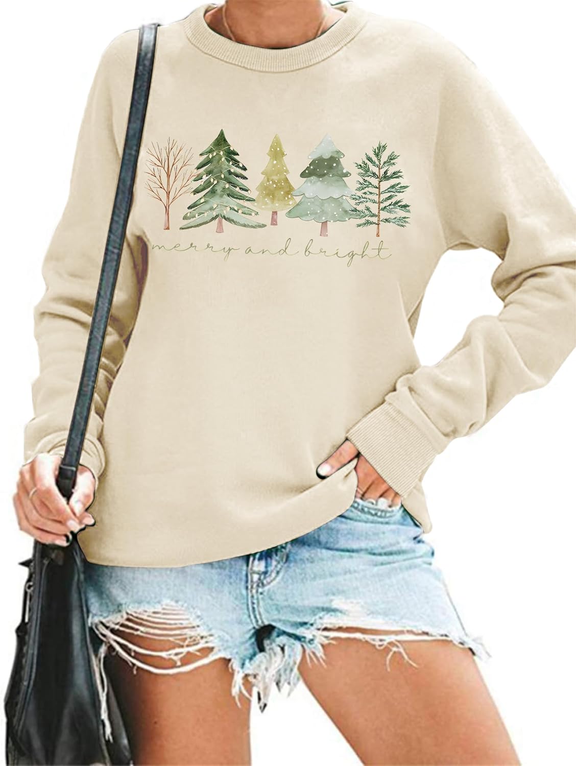 Christmas Sweatshirts Women: Merry and Bright Shirts Christmas Tree Graphic Long Sleeve Shirt Xmas Holiday Pullover Tops - Image 4