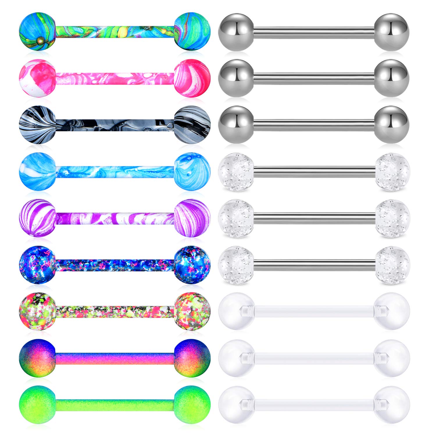 Funseedrr9-18pcs Piercing Lengua Pezón 14G 16mm Acero Quirúrgico Barbells Recto Bolas de Colores Piercing Joyas Mujeres Hombre